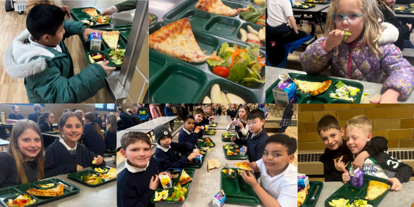 Students having pizza for lunch at St. Charles