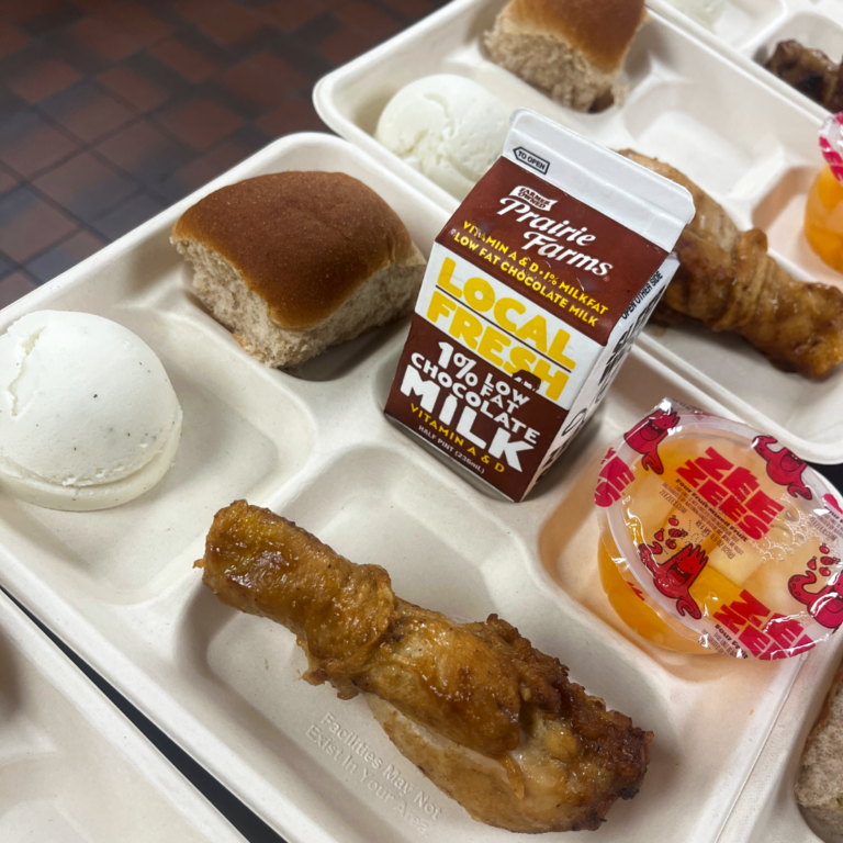 Meal at Partnership Academy. Roasted Chicken Drumstick, Mashed Potatoes, Whole Grain Dinner Roll, Fruit Cup, Choice Milk.